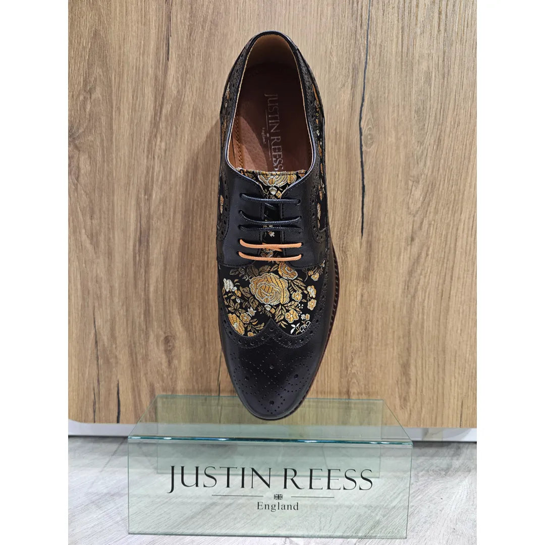 Ross - Herrskor med blommönster i läder, svart, brogue-modell