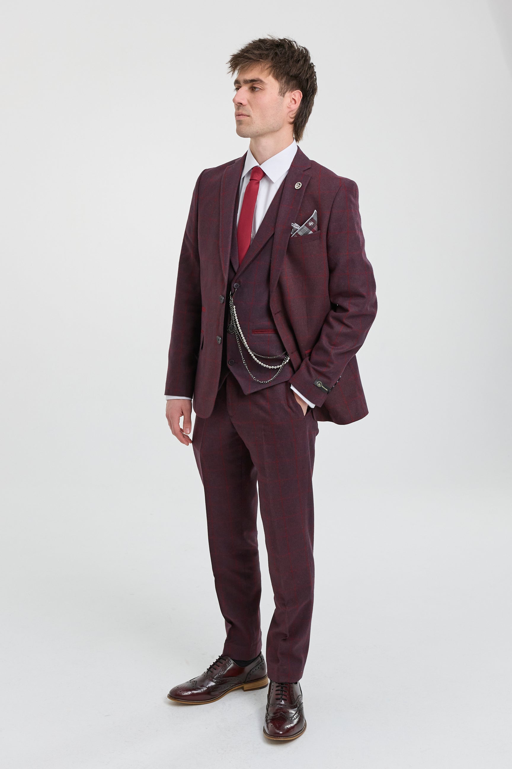 Herrkostym i ull, tweed, plommon, vinröd, 1920-tals Gatsby