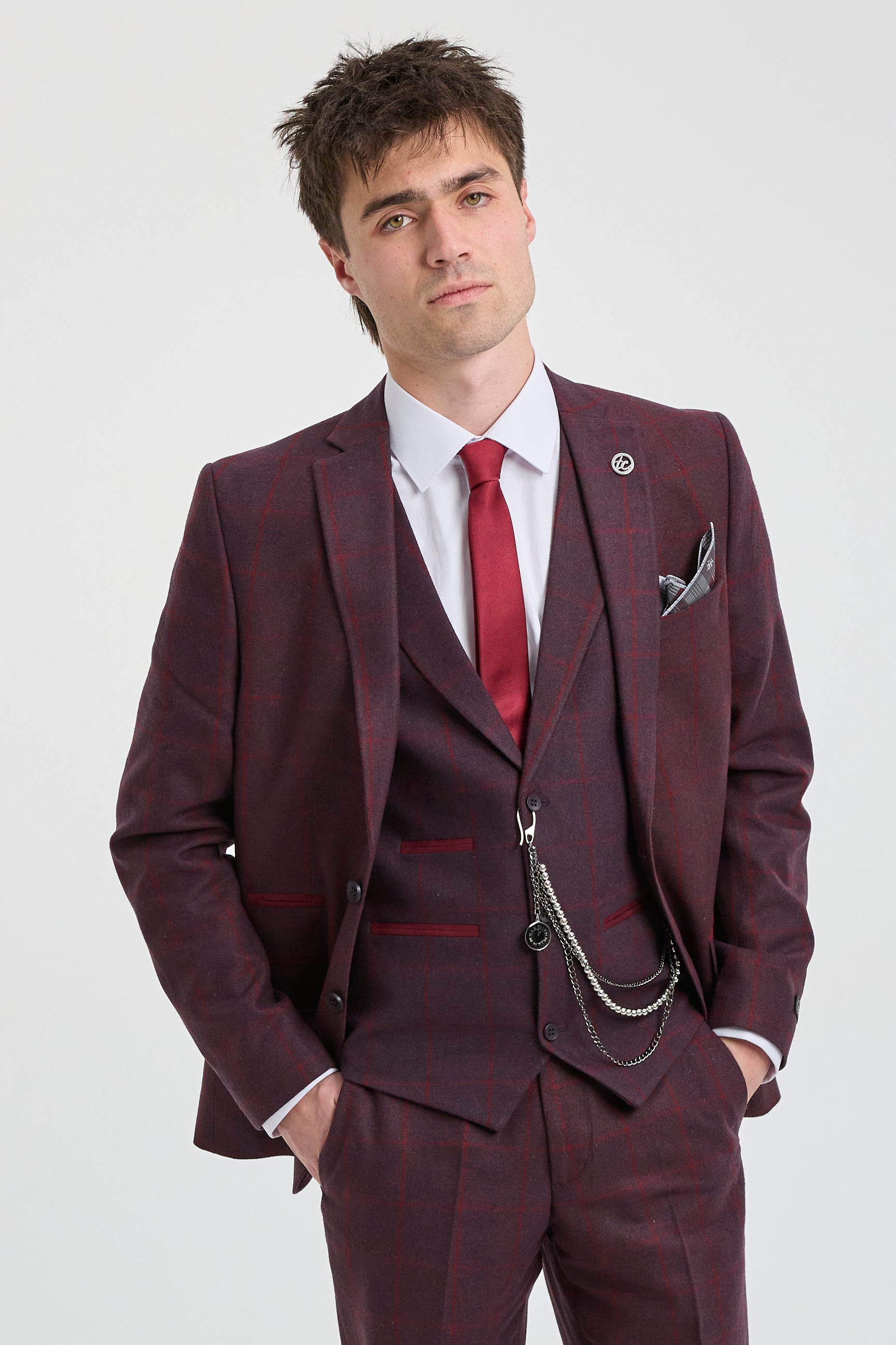 Herrkostym i ull, tweed, plommon, vinröd, 1920-tals Gatsby