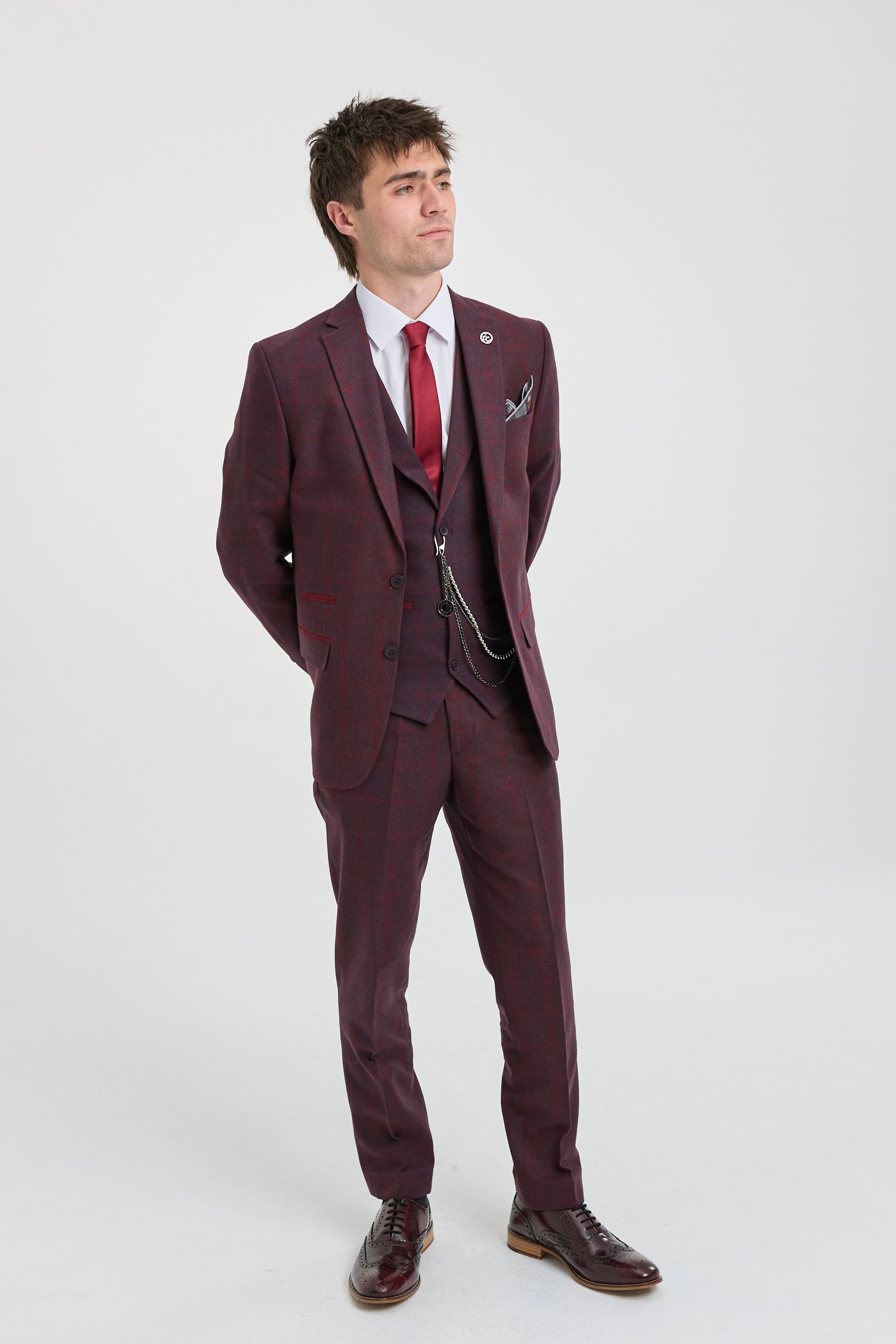 Herrkostym i ull, tweed, plommon, vinröd, 1920-tals Gatsby