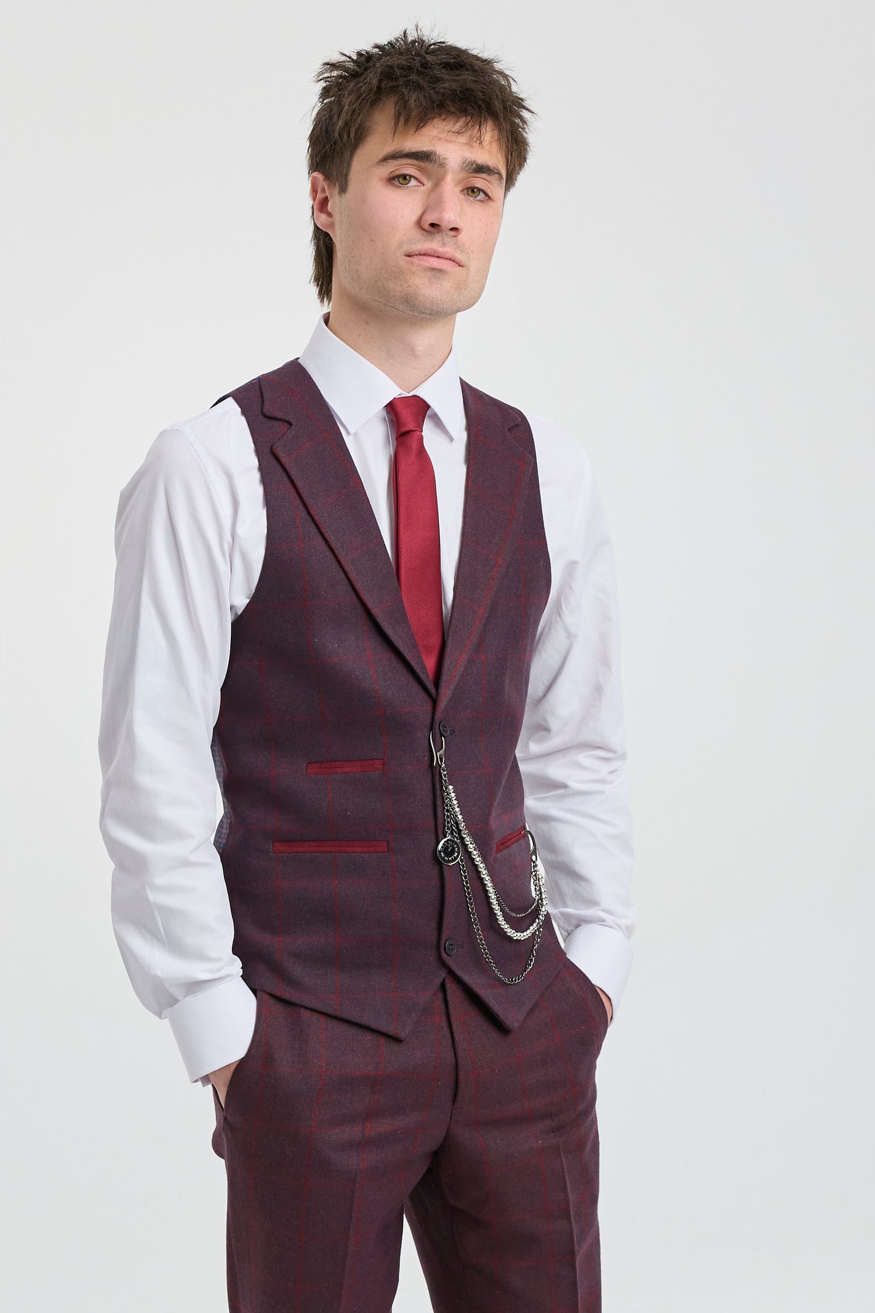 Herrkostym i ull, tweed, plommon, vinröd, 1920-tals Gatsby