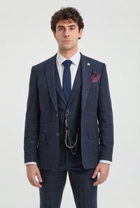 Herrkostym i ull, tweed, marinblå, brunrutig, 1920-tals Gatsby
