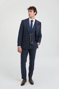 Herrkostym i ull, tweed, marinblå, brunrutig, 1920-tals Gatsby