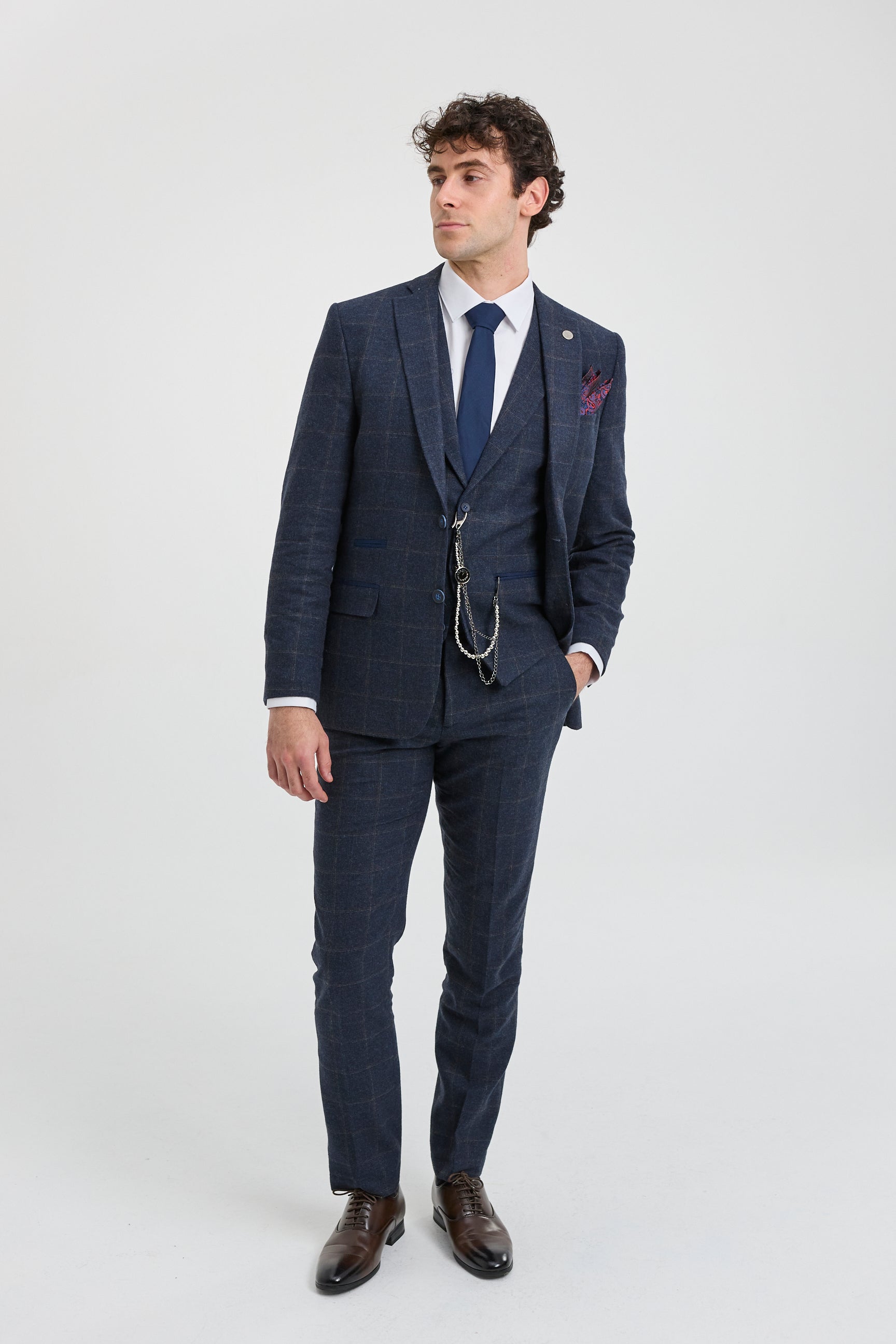 Herrkostym i ull, tweed, marinblå, brunrutig, 1920-tals Gatsby