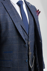 Herrkostym i ull, tweed, marinblå, brunrutig, 1920-tals Gatsby