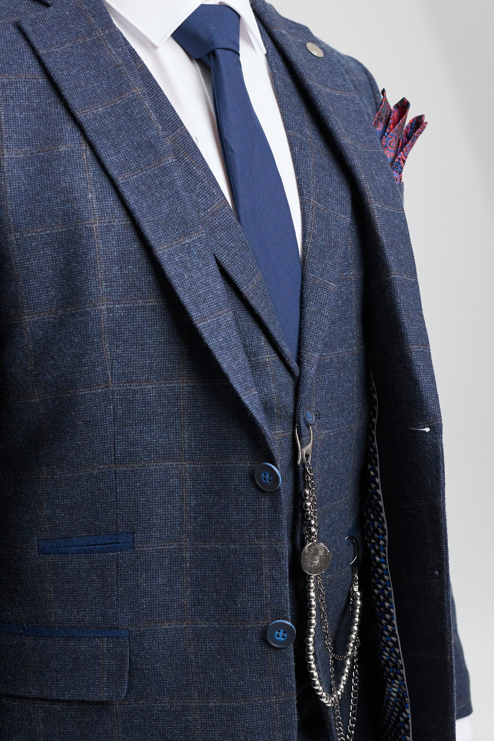 Herrkostym i ull, tweed, marinblå, brunrutig, 1920-tals Gatsby
