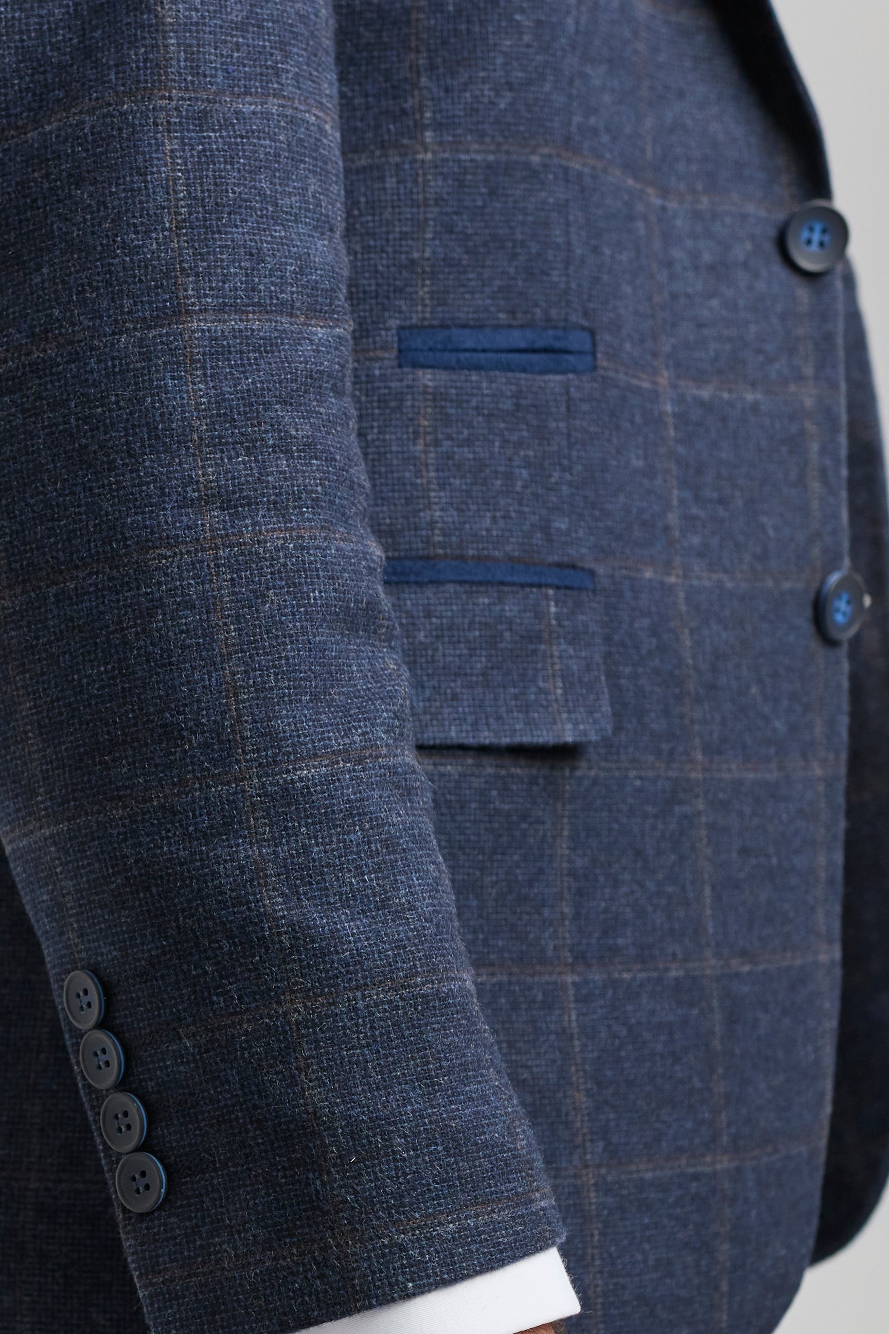 Herrkostym i ull, tweed, marinblå, brunrutig, 1920-tals Gatsby