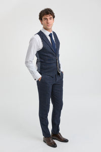 Herrkostym i ull, tweed, marinblå, brunrutig, 1920-tals Gatsby