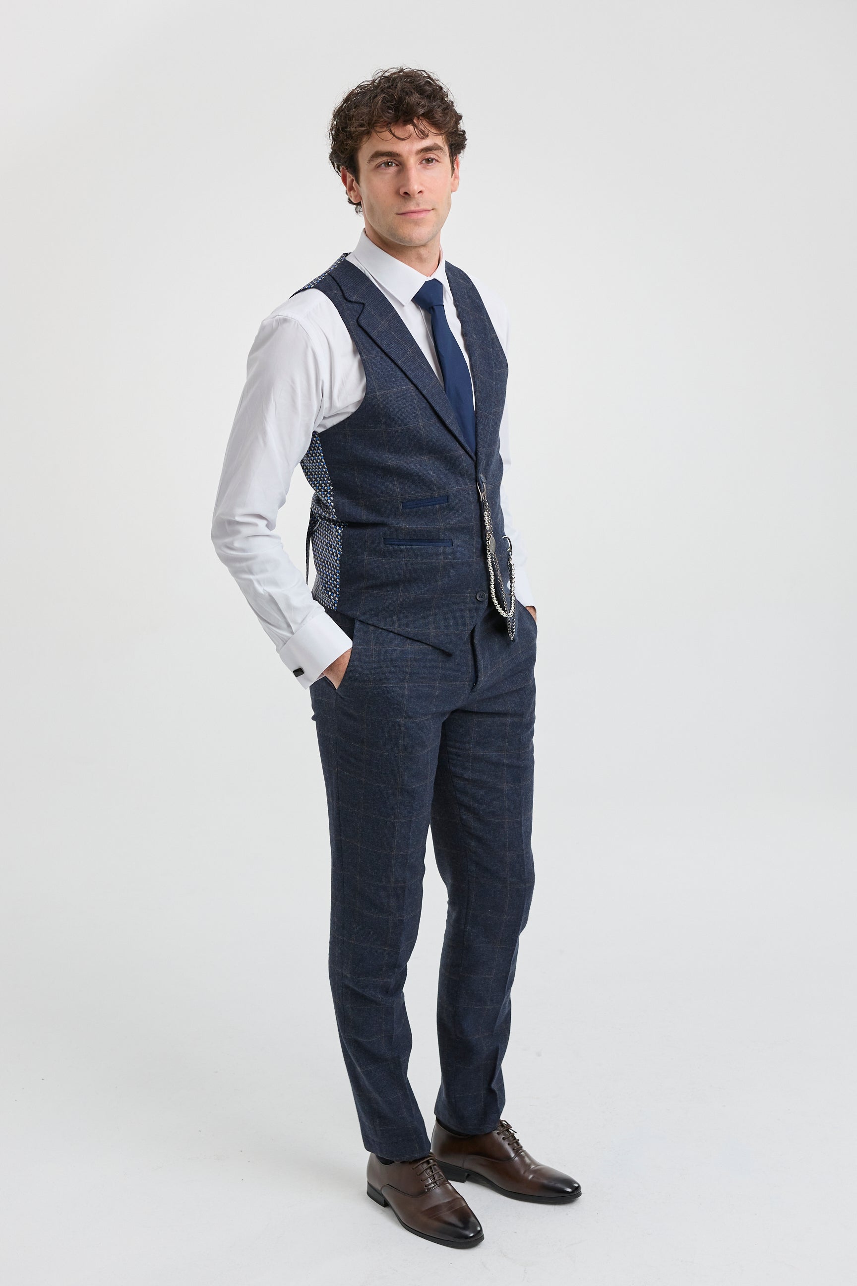 Herrkostym i ull, tweed, marinblå, brunrutig, 1920-tals Gatsby