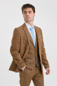 Herrkostym i ull, tweed, fiskbensmönster, brun, blårutig, 1920-tals Gatsby