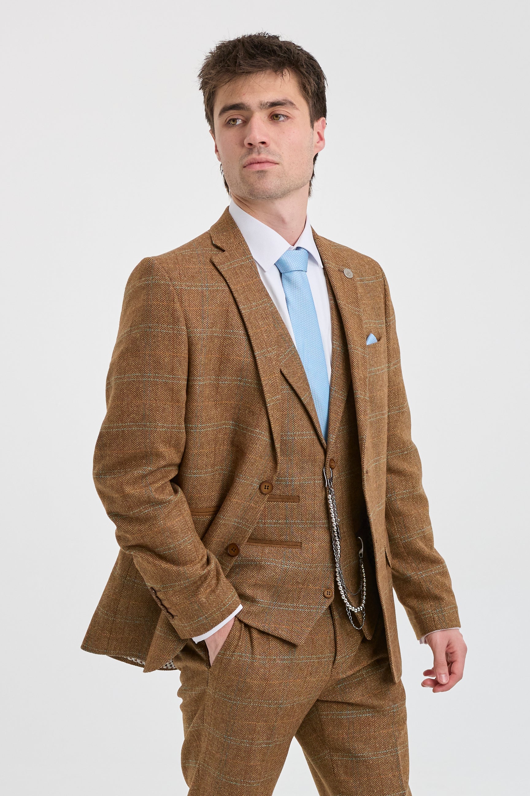 Herrkostym i ull, tweed, fiskbensmönster, brun, blårutig, 1920-tals Gatsby