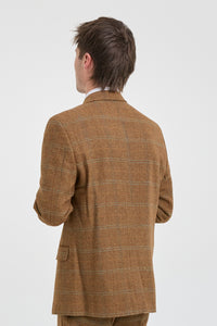 Herrkostym i ull, tweed, fiskbensmönster, brun, blårutig, 1920-tals Gatsby