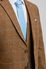 Herrkostym i ull, tweed, fiskbensmönster, brun, blårutig, 1920-tals Gatsby
