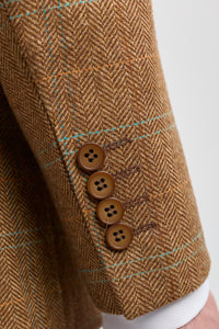 Herrkostym i ull, tweed, fiskbensmönster, brun, blårutig, 1920-tals Gatsby