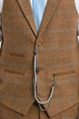 Herrkostym i ull, tweed, fiskbensmönster, brun, blårutig, 1920-tals Gatsby
