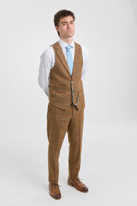 Herrkostym i ull, tweed, fiskbensmönster, brun, blårutig, 1920-tals Gatsby