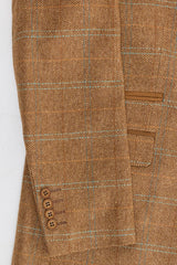 Herrkostym i ull, tweed, fiskbensmönster, brun, blårutig, 1920-tals Gatsby