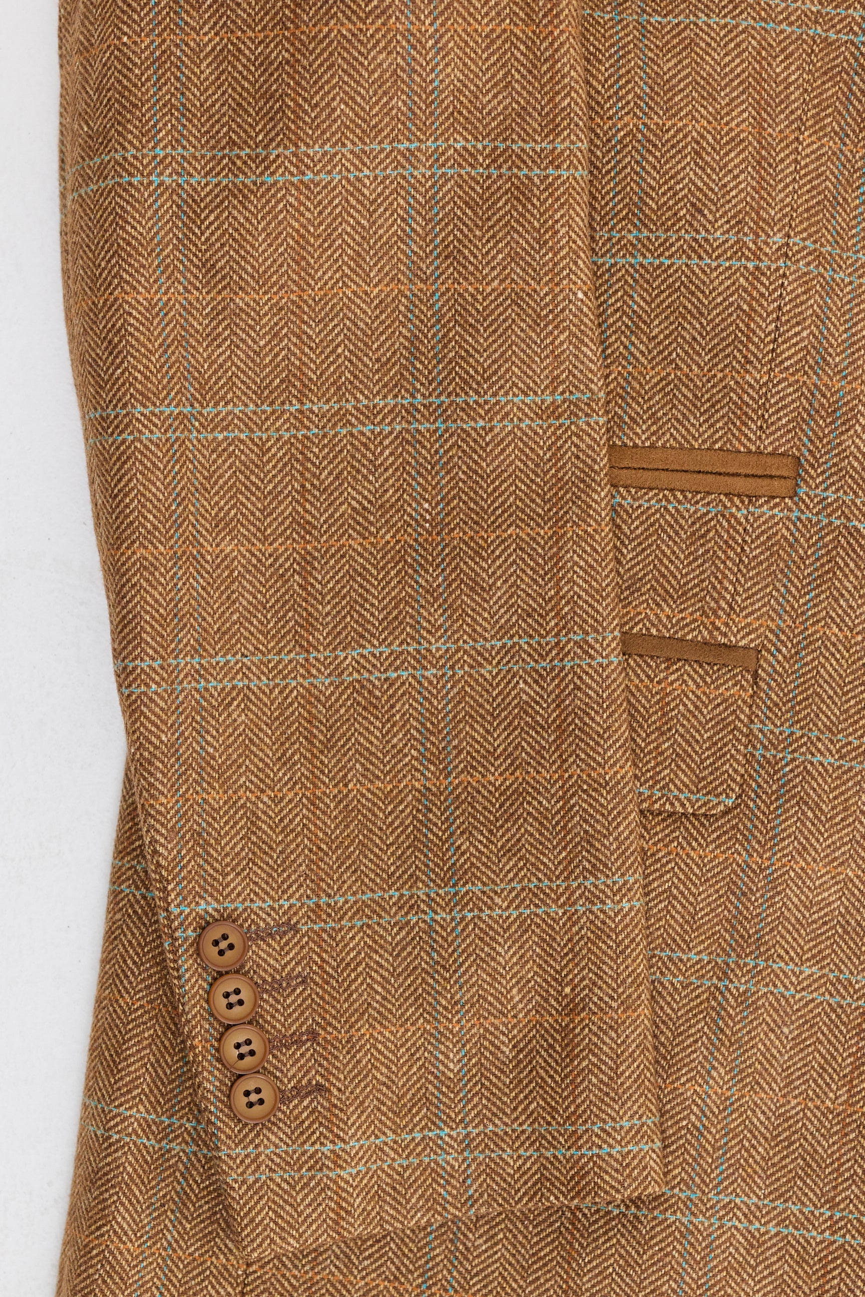 Herrkostym i ull, tweed, fiskbensmönster, brun, blårutig, 1920-tals Gatsby
