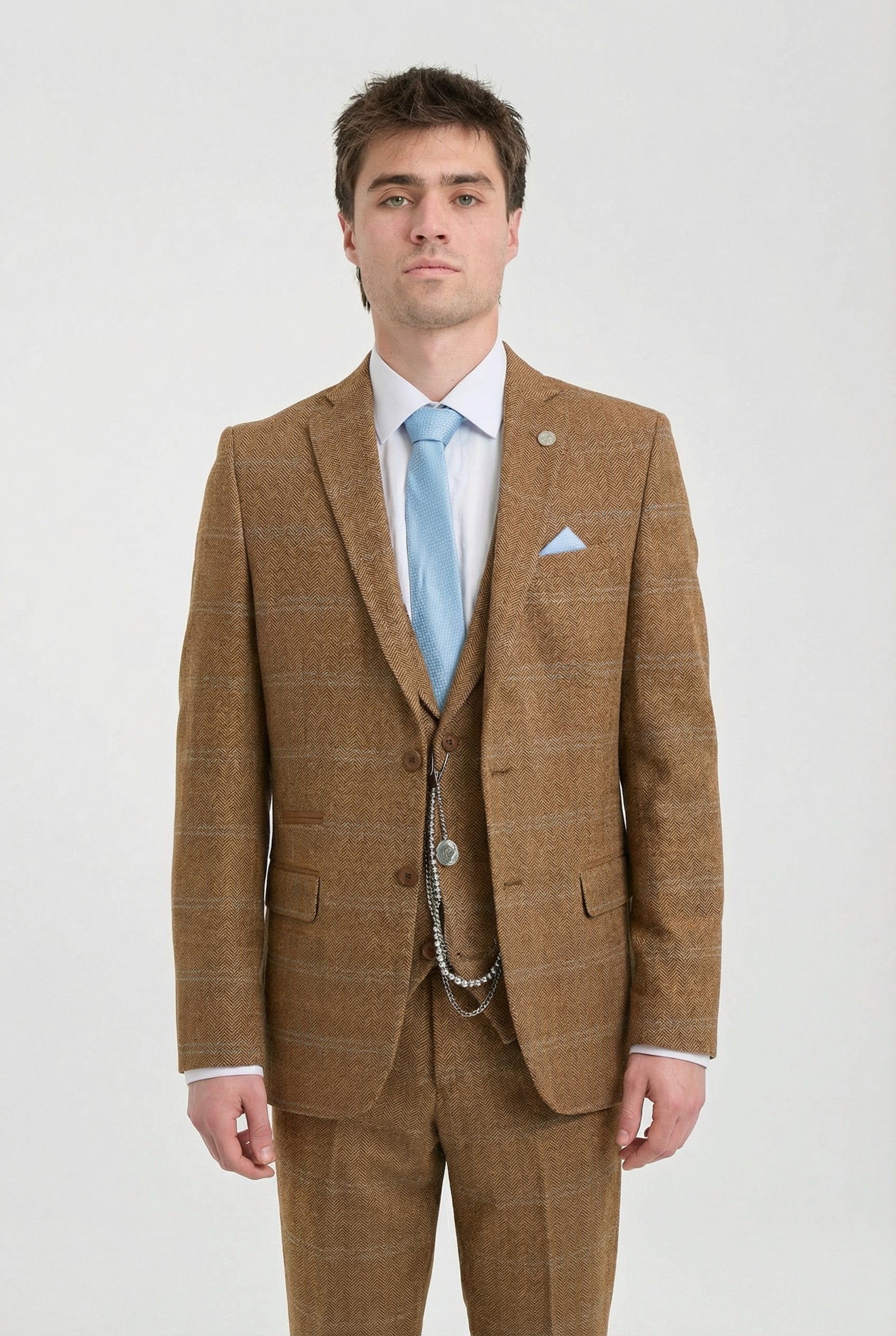 Herrkostym i ull, tweed, fiskbensmönster, brun, blårutig, 1920-tals Gatsby