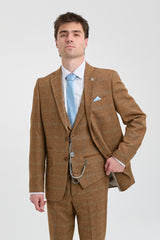 Herrkostym i ull, tweed, fiskbensmönster, brun, blårutig, 1920-tals Gatsby