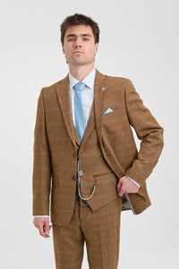 Herrkostym i ull, tweed, fiskbensmönster, brun, blårutig, 1920-tals Gatsby
