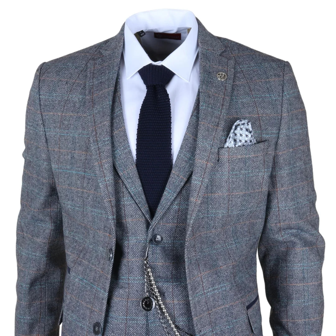 Herrkostym i ull, tweed, ljusblå, grårutig