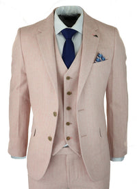 Herrkostym i fiskbensmönstrad tweed med 3 delar, rosa, blush, retro vintage, kort, reg, lång