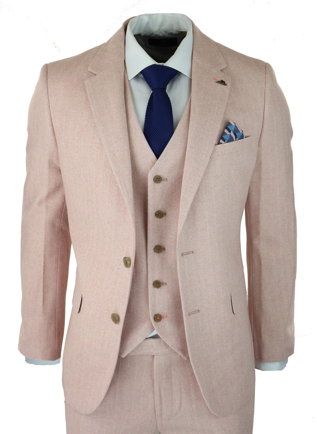 Herrkostym i fiskbensmönstrad tweed med 3 delar, rosa, blush, retro vintage, kort, reg, lång
