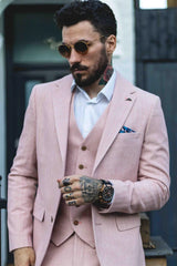 Herrkostym i fiskbensmönstrad tweed med 3 delar, rosa, blush, retro vintage, kort, reg, lång