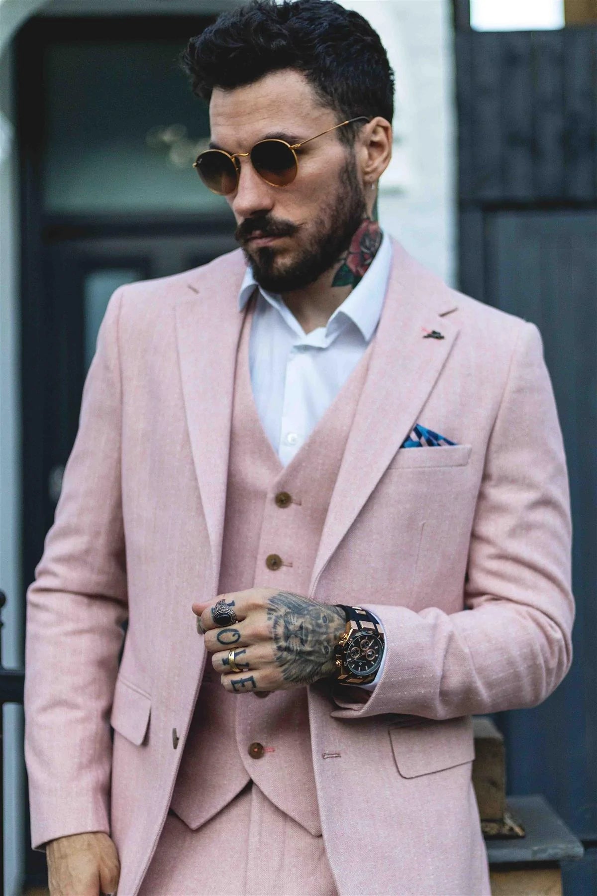 Herrkostym i fiskbensmönstrad tweed med 3 delar, rosa, blush, retro vintage, kort, reg, lång