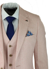Herrkostym i fiskbensmönstrad tweed med 3 delar, rosa, blush, retro vintage, kort, reg, lång