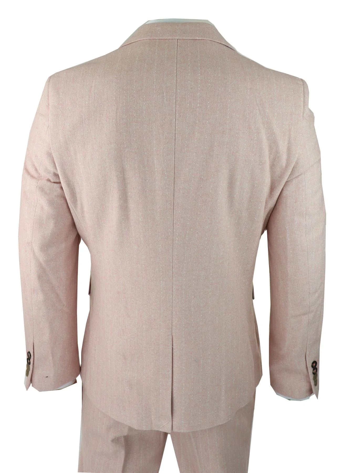 Herrkostym i fiskbensmönstrad tweed med 3 delar, rosa, blush, retro vintage, kort, reg, lång