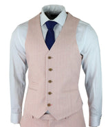 Herrkostym i fiskbensmönstrad tweed med 3 delar, rosa, blush, retro vintage, kort, reg, lång