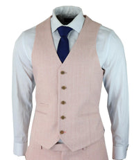 Herrkostym i fiskbensmönstrad tweed med 3 delar, rosa, blush, retro vintage, kort, reg, lång