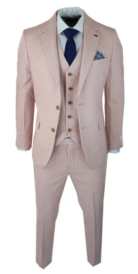 Herrkostym i fiskbensmönstrad tweed med 3 delar, rosa, blush, retro vintage, kort, reg, lång
