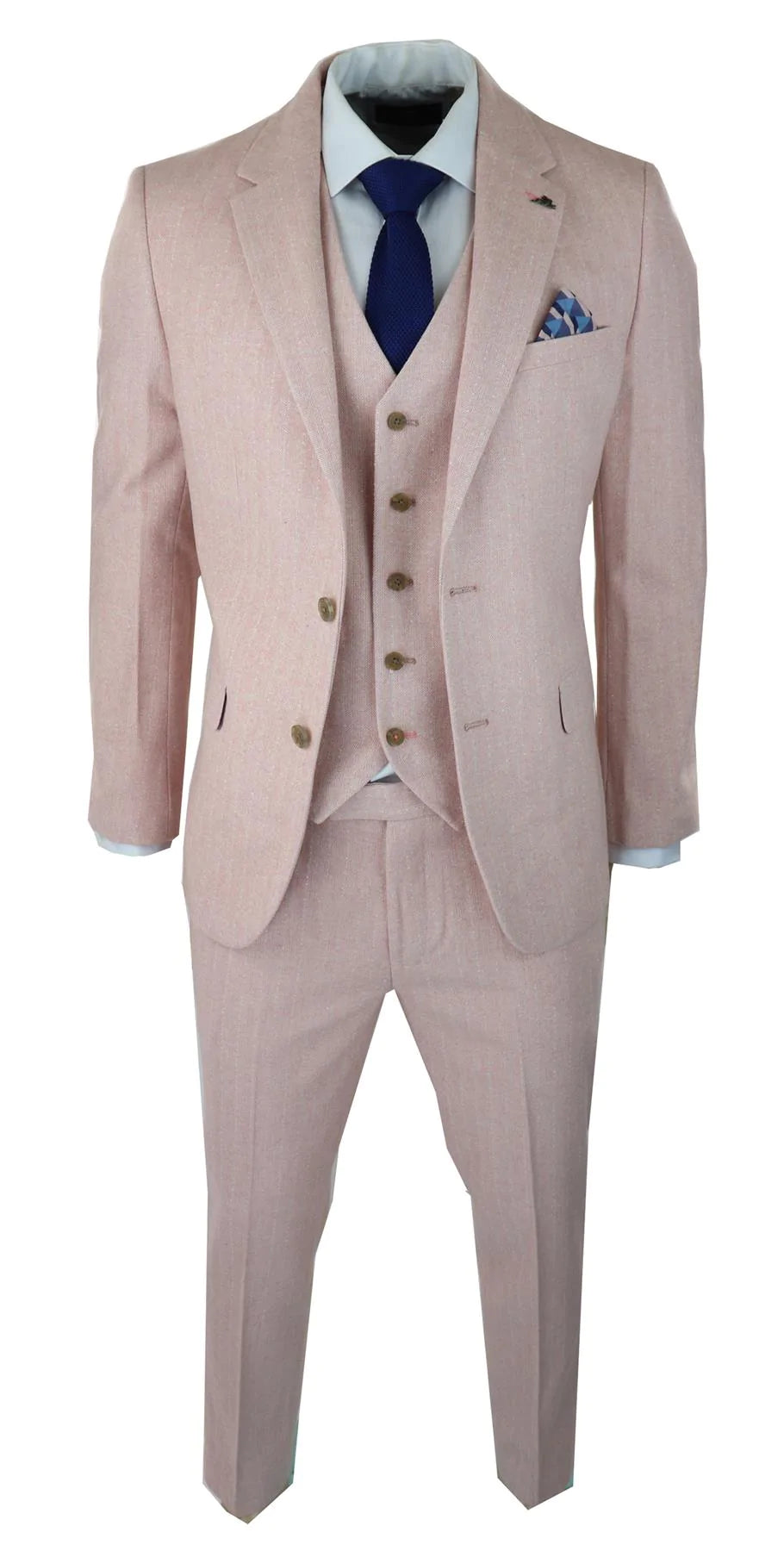 Herrkostym i fiskbensmönstrad tweed med 3 delar, rosa, blush, retro vintage, kort, reg, lång