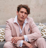 Herrkostym i fiskbensmönstrad tweed med 3 delar, rosa, blush, retro vintage, kort, reg, lång