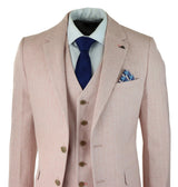 Herrkostym i fiskbensmönstrad tweed med 3 delar, rosa, blush, retro vintage, kort, reg, lång