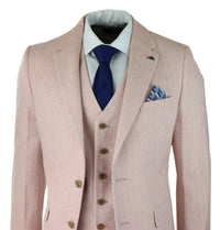 Herrkostym i fiskbensmönstrad tweed med 3 delar, rosa, blush, retro vintage, kort, reg, lång