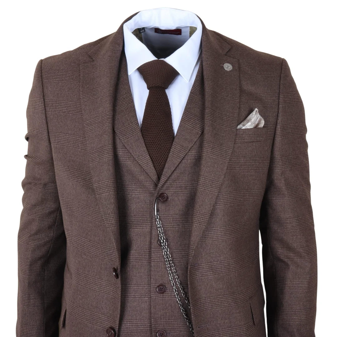 TP-50 - Herrbrun 3-delad rutig kostym med Prince of Wales-motiv