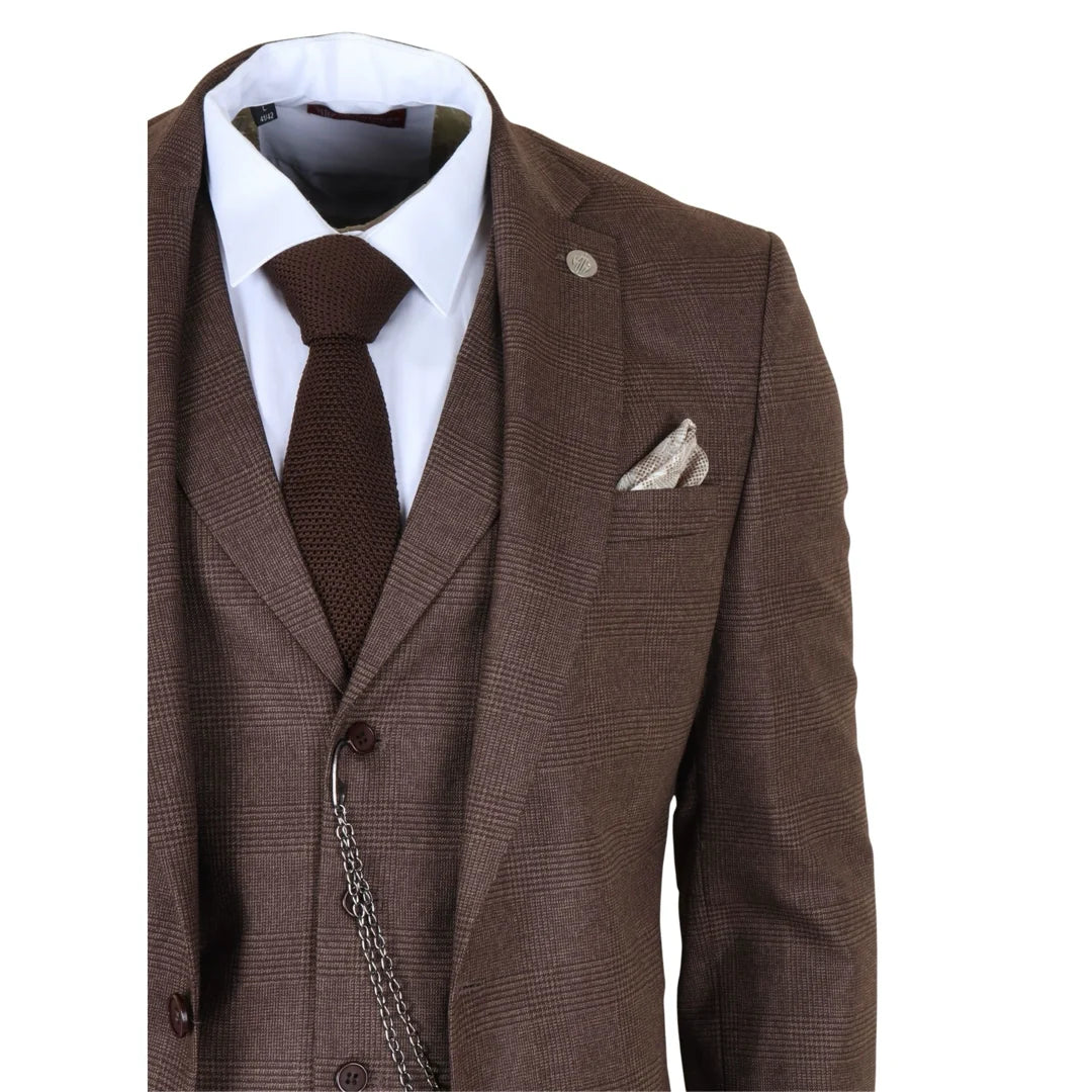 TP-50 - Herrbrun 3-delad rutig kostym med Prince of Wales-motiv