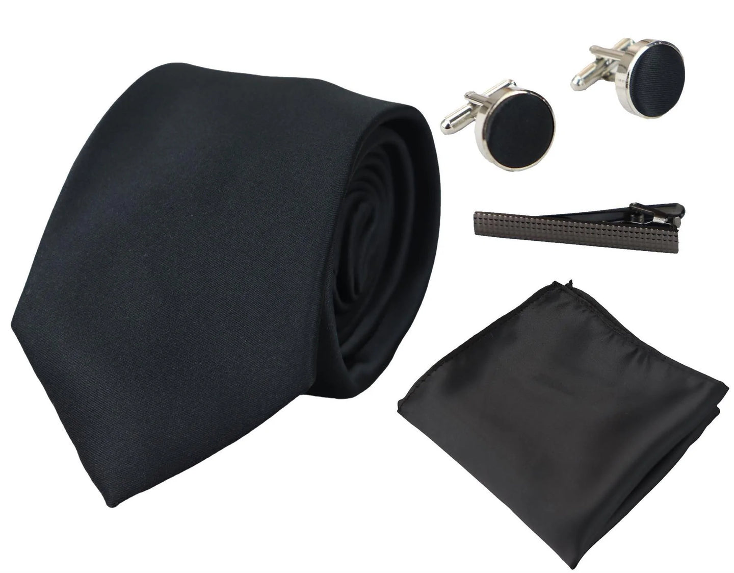 Slips i siden med svart slips, presentset, näsduk, manschettknappar, slips i glansig satin