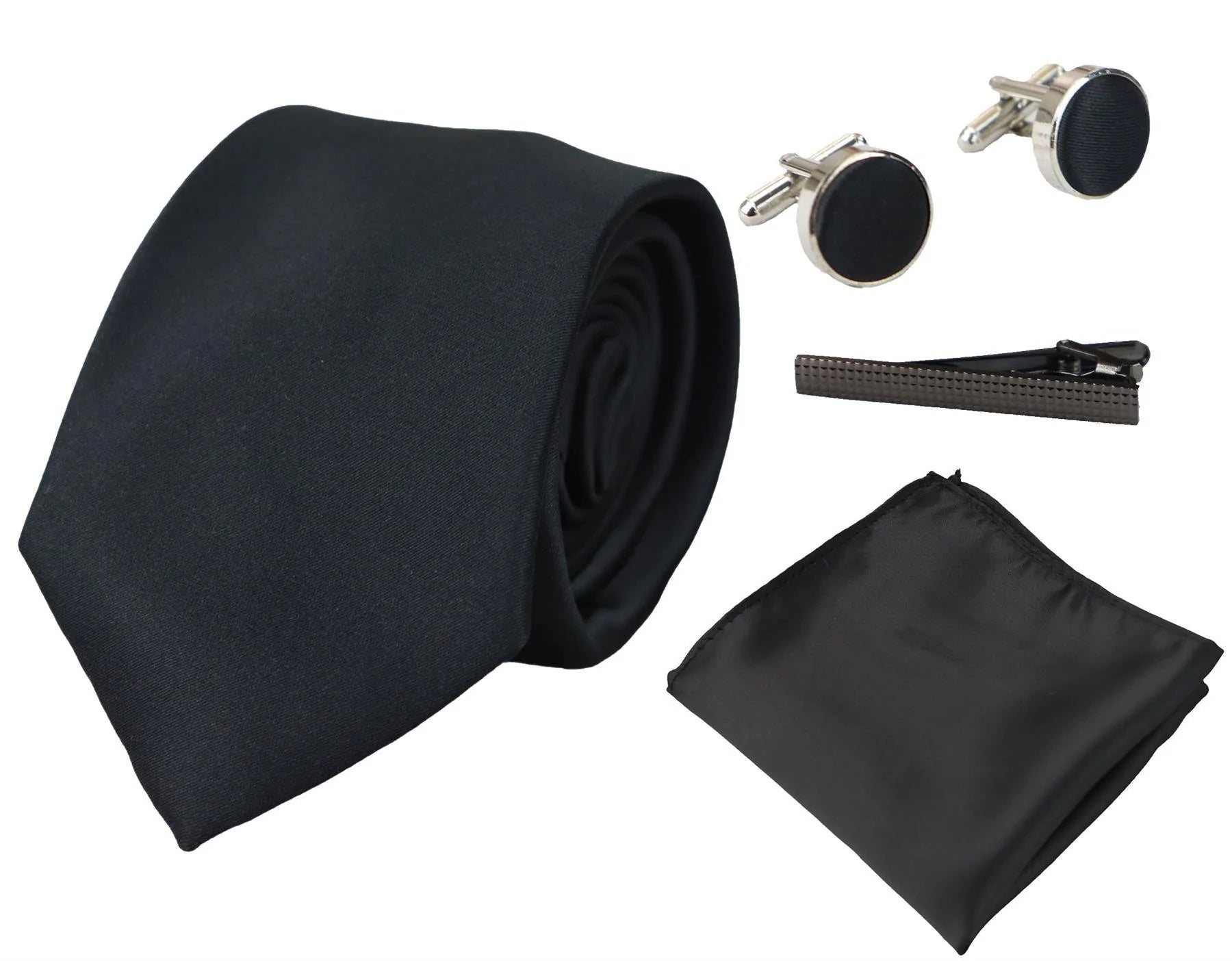 Slips i siden med svart slips, presentset, näsduk, manschettknappar, slips i glansig satin