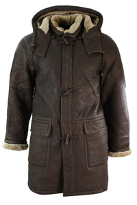 Herr Vinterjacka i Äkta Fårskinnsläder med Duffel Safari Brun & Krämfärgad Huva Vintage-B3 Brun Ingefära