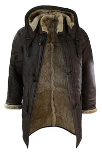 Herr Vinterjacka i Äkta Fårskinnsläder med Duffel Safari Brun & Krämfärgad Huva Vintage-B3 Brun Ingefära