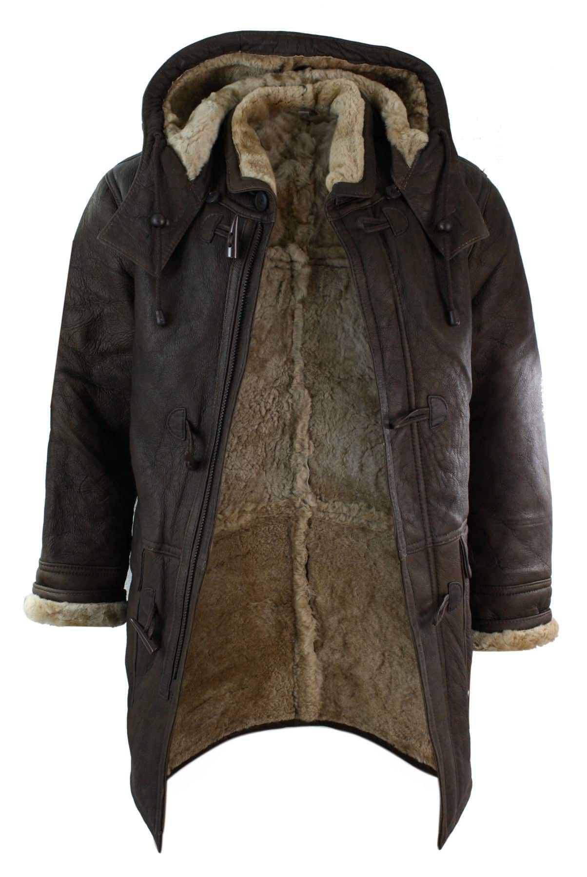Herr Vinterjacka i Äkta Fårskinnsläder med Duffel Safari Brun & Krämfärgad Huva Vintage-B3 Brun Ingefära