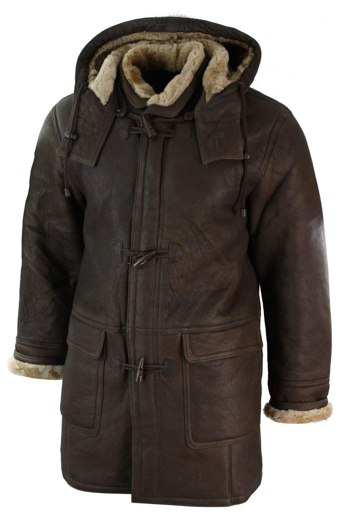 Herr Vinterjacka i Äkta Fårskinnsläder med Duffel Safari Brun & Krämfärgad Huva Vintage-B3 Brun Ingefära