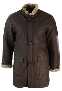 Herr Vinterjacka i Äkta Fårskinnsläder med Duffel Safari Brun & Krämfärgad Huva Vintage-B3 Brun Ingefära