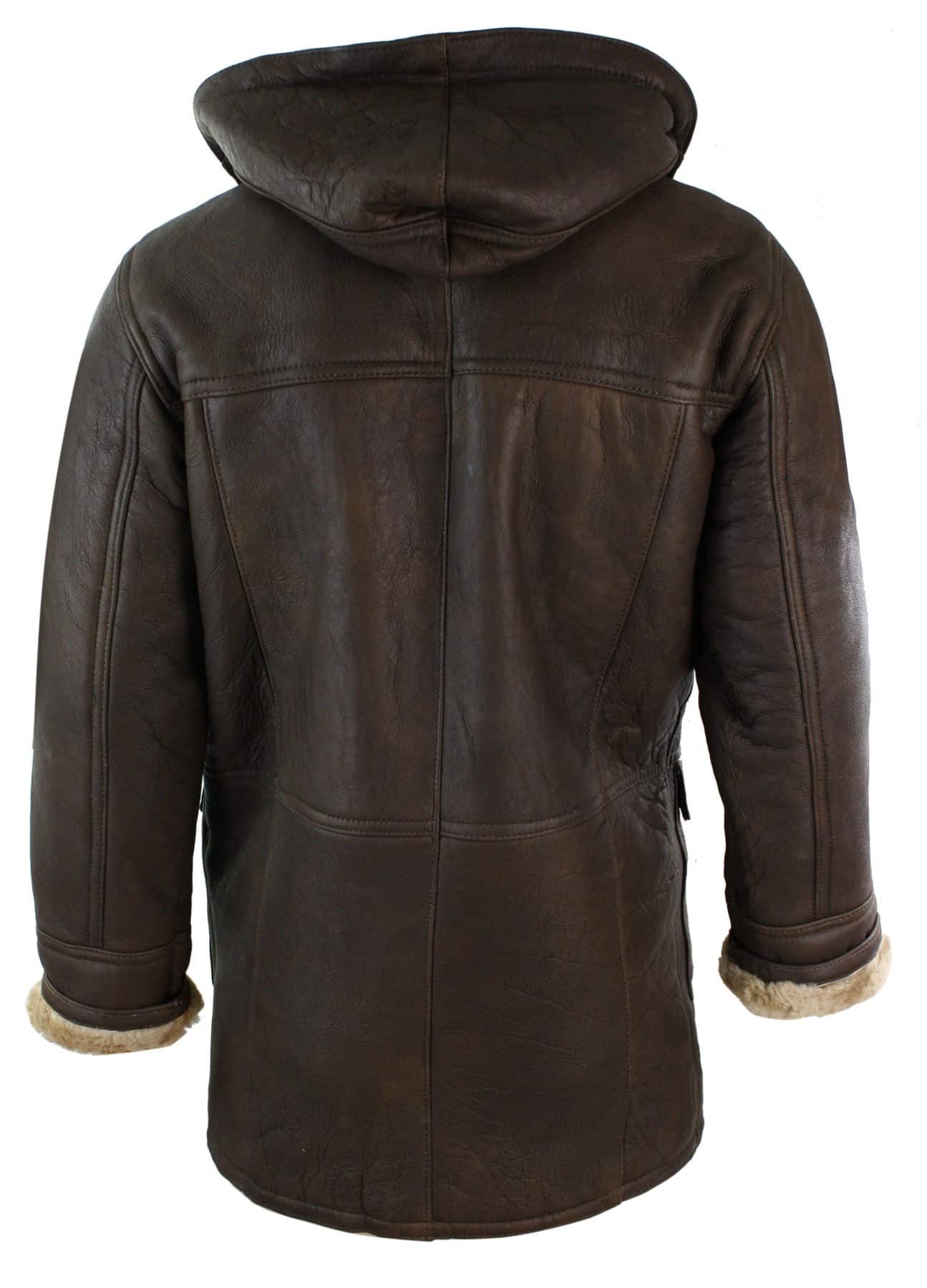 Herr Vinterjacka i Äkta Fårskinnsläder med Duffel Safari Brun & Krämfärgad Huva Vintage-B3 Brun Ingefära