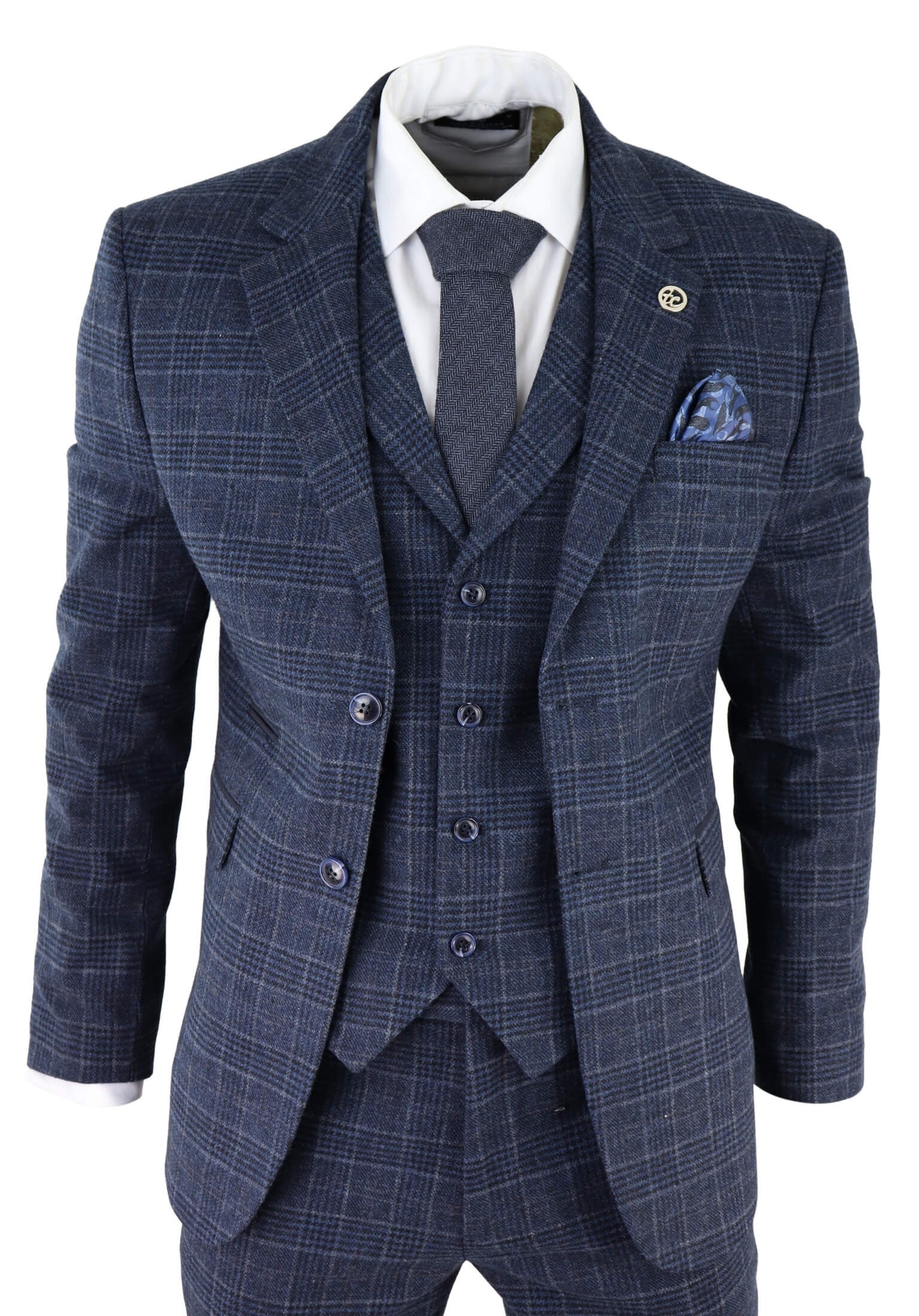 Herrkostym med blå rutig tartan, tre delar
